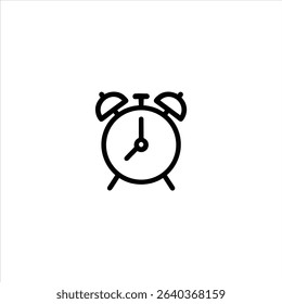 A monochrome line art symbol of a traditional twin-bell alarm clock, representing wake-up calls, mornings, and reminders. Isolated on a white background.