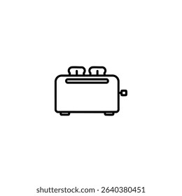 A monochrome line art symbol of a two-slot toaster, representing breakfast, kitchen appliances, and toasted bread. Isolated on a white background.