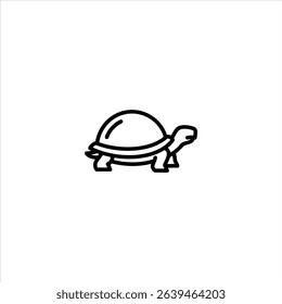 Monochrome line art of a turtle or tortoise silhouette in profile with a domed shell and small head. Centered and isolated on a white background.