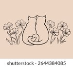Monochrome line art of two cats cuddling with a heart-shaped tail, sitting among delicate poppy flowers. A loving couple of cats as a bride and groom, newlyweds, marriage. Whimsical illustration