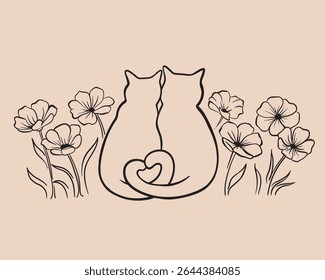 Monochrome line art of two cats cuddling with a heart-shaped tail, sitting among delicate poppy flowers. A loving couple of cats as a bride and groom, newlyweds, marriage. Whimsical illustration