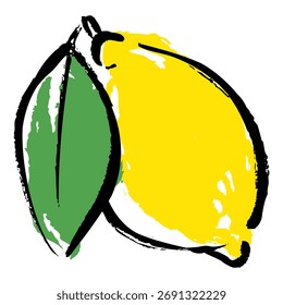Vector de arte de línea monocromo ilustración dibujada a mano de limones y hojas amarillas con pinceladas.