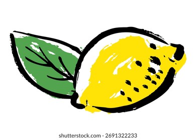 Vector de arte de línea monocromo ilustración dibujada a mano de limones y hojas amarillas con pinceladas.