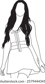 Monochrome line art of a woman with flowing hair, wearing a fashionable casual outfit. Features a bow-tied top and short skirt, creating a stylish and modern aesthetic.