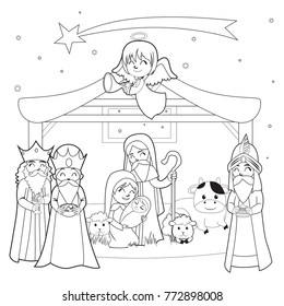 Monochrome line coloring art illustration of Nativity scene