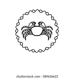 monochrome line contour with crab in circular emblem vector illustration
