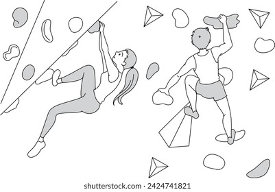 Monochrome line drawing of bouldering