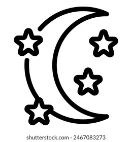 Monochrome line drawing of a crescent moon surrounded by stars, ideal for icons or decor