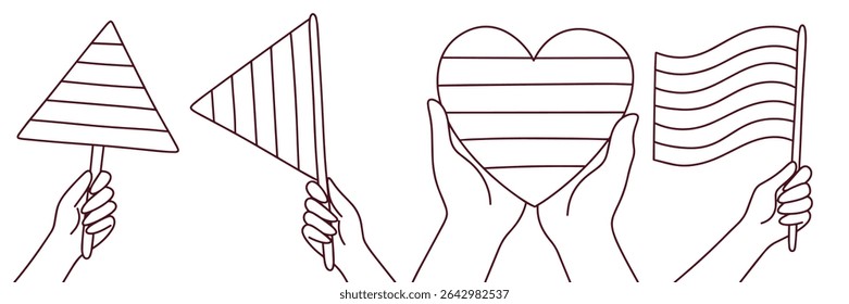 Monochrome line drawing featuring hands holding rainbow flags, triangle, and heart in horizontal layout. Represents unity, pride, and equality in simplified form, lgbt