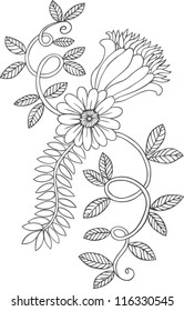 Monochrome  line drawing of a flower and leaves