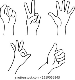 Monochrome line drawing of hand gestures