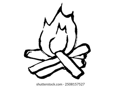 monochrome line drawing illustration of bonfire with brush touch