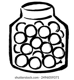 monochrome line drawing illustration of a candy ball in a jar with a touch of brush