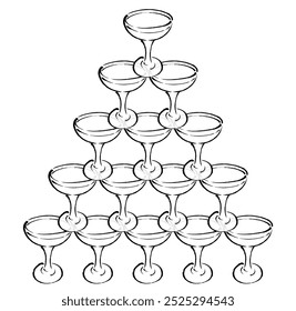 monochrome line drawing illustration of a five-tiered champagne tower with a touch of brush