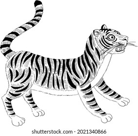 Monochrome line drawing illustration of oriental tiger, zodiac