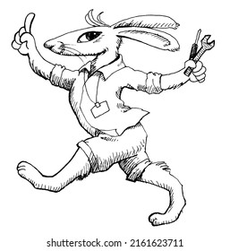 Monochrome line drawing illustration of a rabbit engineer with a tool