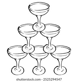monochrome line drawing illustration of three-tiered champagne tower with brush touch