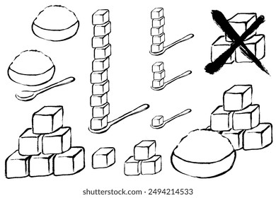 monochrome line drawing set of sugar cube with brush touch