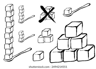 monochrome line drawing set of sugar cube with brush touch