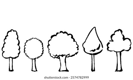 monochrome line drawing set of tree with brush touch