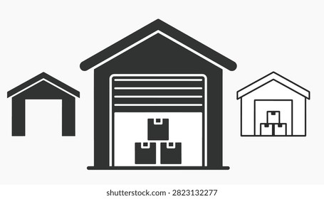 Monochrome line drawing of a small house with a garage and chimney