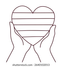 Monochrome line drawing of two light-skinned hands holding heart with rainbow stripes. Represents LGBT pride and human connection