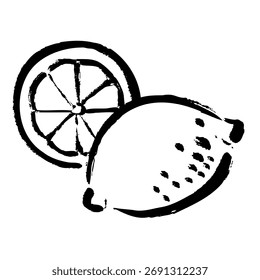 Línea monocromática dibujando la Ilustración vectorial de un limón de pincelada y la Imagen de ​​limón en rodajas.
