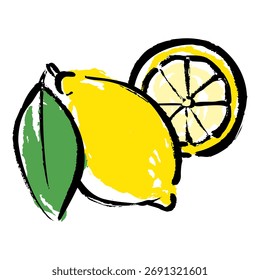 Línea monocromática dibujando la Ilustración vectorial de un limón con hojas y rodajas de limón con una pincelada.