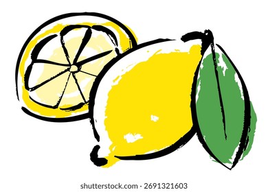 Línea monocromática dibujando la Ilustración vectorial de un limón con hojas y rodajas de limón con una pincelada.