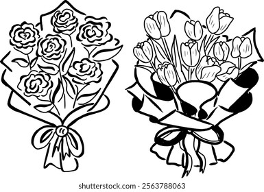 Monochrome line drawings illustrating two floral bouquets, one composed of roses and the other of tulips, showcasing their artistic and natural beauty in a detailed and minimalist style.