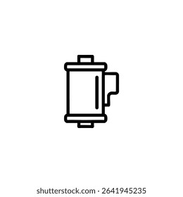 Monochrome line icon of a 35mm film roll canister with a protruding leader. Isolated on a white background.