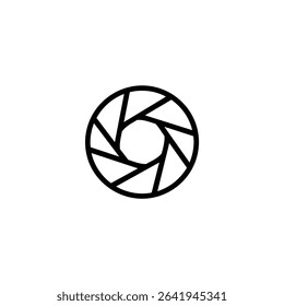 Monochrome line icon of abstract camera shutter blades forming a central opening. Isolated on a white background.