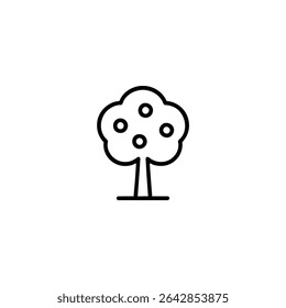 Monochrome line icon of an abstract fruit tree with trunk and rounded canopy. Flat 2D vector illustration with simple shapes, bold uniform outline, minimalist design.