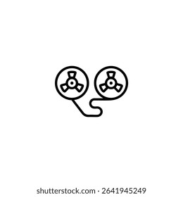 Monochrome line icon of an abstract reel-to-reel tape machine with two reels and a tape path. Isolated on a white background.
