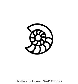 Monochrome line icon of an ammonite fossil, a spiral shell outline. Isolated on a white background.