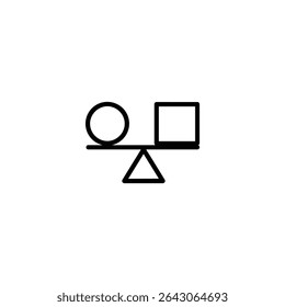 Monochrome line icon for balance or harmony, depicting two simple, distinct geometric shapes balanced on a fulcrum. Isolated on white background.