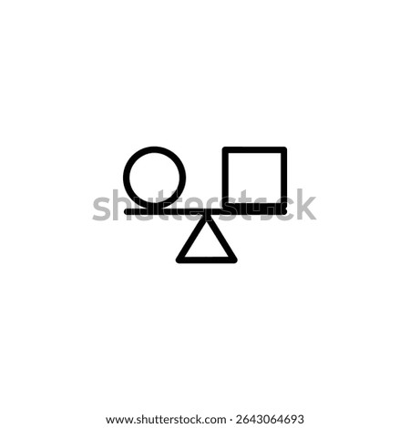 Monochrome line icon for balance or harmony, depicting two simple, distinct geometric shapes balanced on a fulcrum. Isolated on white background.