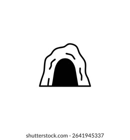 Monochrome line icon of a cave mouth entrance in a simple rock face outline. Isolated on a white background.