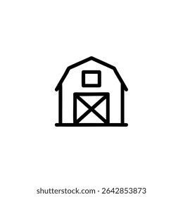 Ícone de linha monocromática de um celeiro agrícola clássico com silhueta de telhado de gambrel. Ilustração vetorial 2D plana com formas simples, contorno uniforme em negrito, design minimalista.