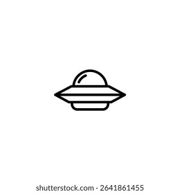 Monochrome line icon of a classic UFO, depicted as a simple flying saucer shape. Isolated vector graphic for science fiction or paranormal themes.