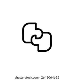 Monochrome line icon for collaboration or synergy, showing two distinct, abstract geometric shapes neatly interlocking or fitting together. Isolated on white background.