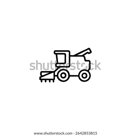 Monochrome line icon of a combine harvester in simplified silhouette. Flat 2D vector illustration with simple shapes, bold uniform outline, minimalist design.