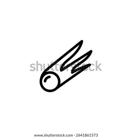 Monochrome line icon of a comet, featuring a circular head and a flowing tail of parallel lines. Isolated vector graphic for astronomy or celestial event themes.