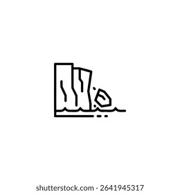 Monochrome line icon depicting glacier calving with an ice piece breaking off. Isolated on a white background.