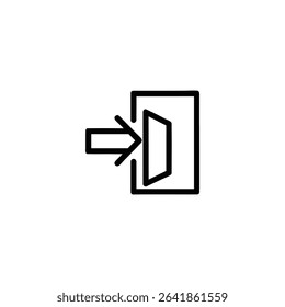 Monochrome line icon for an emergency exit, showing an arrow pointing to a doorway outline. Isolated vector for safety signage themes.