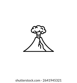 Monochrome line icon of an erupting volcano with a smoke plume and lava flow. Isolated on a white background.