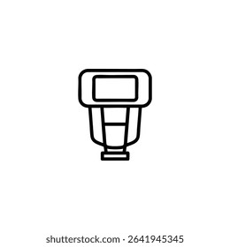Monochrome line icon of an external camera hotshoe flash unit. Isolated on a white background.