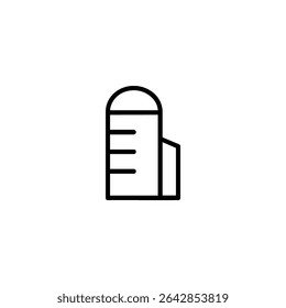 Monochrome line icon of a farm silo, a cylindrical structure with domed roof. Flat 2D vector illustration with simple shapes, bold uniform outline, minimalist design.