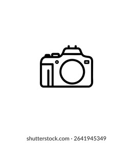 Monochrome line icon of a generic DSLR or mirrorless camera body without a lens. Isolated on a white background.