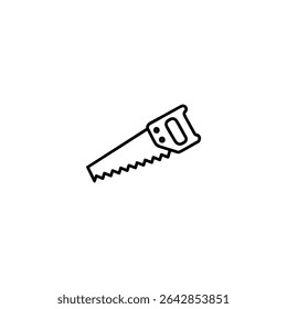 Ícone de linha monocromática de uma serra manual com uma lâmina dentada e uma pega em forma de D. Ilustração vetorial 2D plana com formas simples, contorno uniforme em negrito, design minimalista.